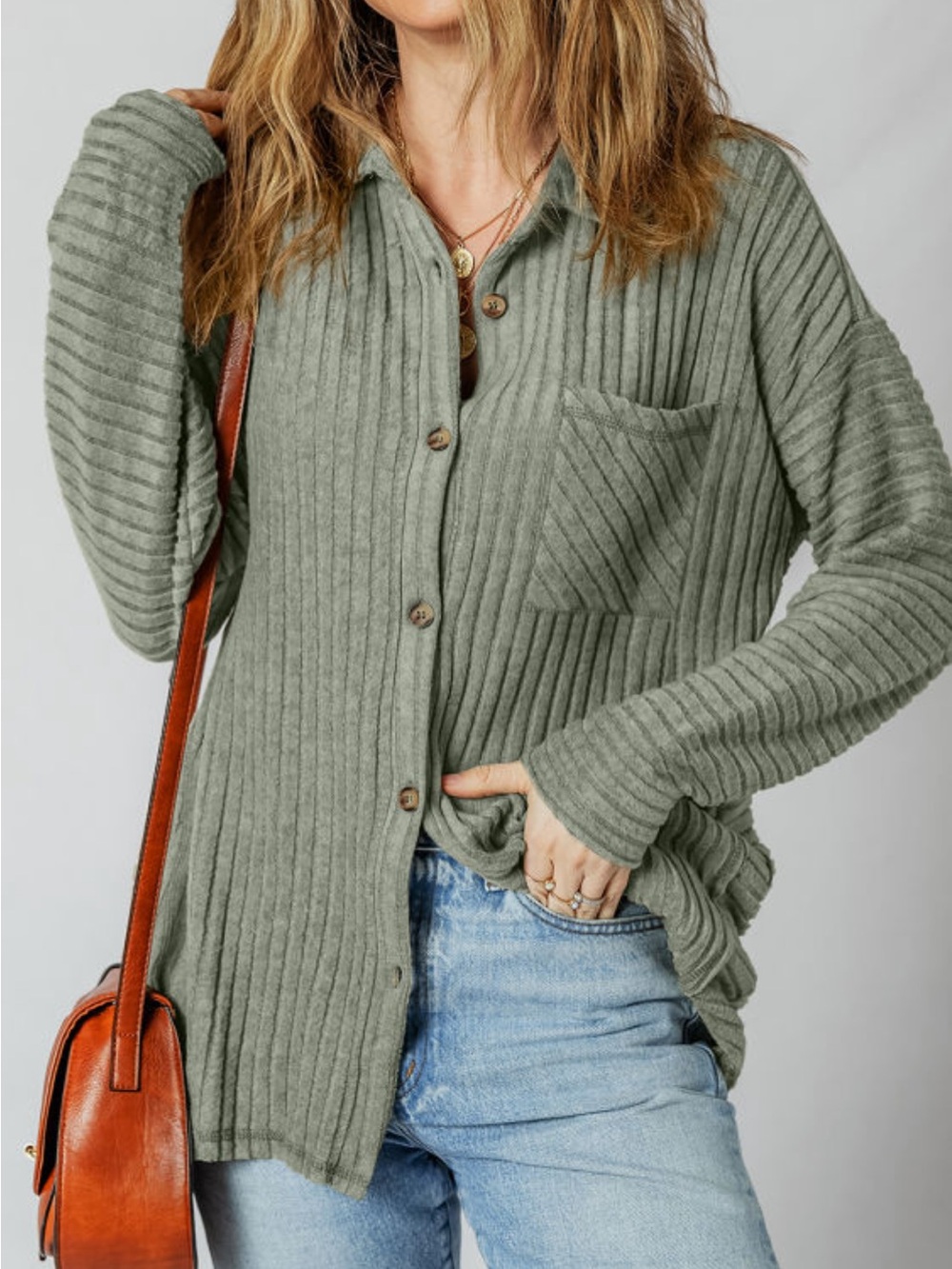 Ribbed Button-Up Long Sleeve Top in Sage Green
